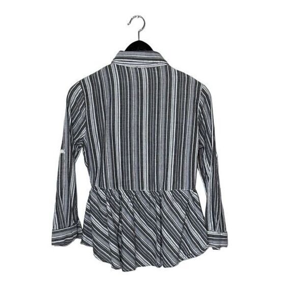 Love Notes Womens Button Up Top Blouse Striped Peplum Long Sleeve Gray Medium - Picture 2 of 9